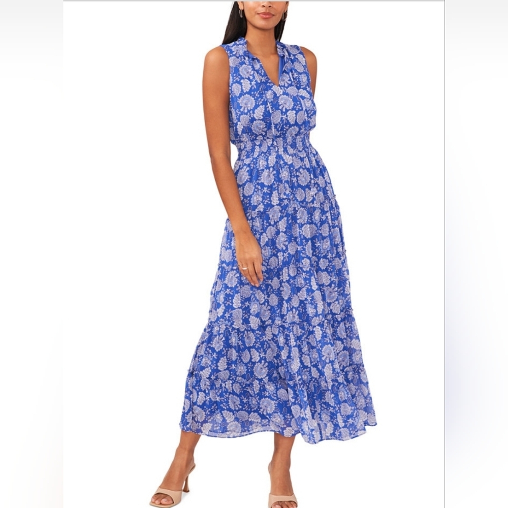 NWOT MSK Women's Printed Tie Neck Smocked Waist Tiered Maxi Dress